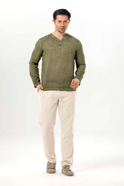 Eliş Şile Bezi Μακρυμάνικο ανδρικό μπλουζάκι Bora με λαιμόκοψη V και κουμπιά ...