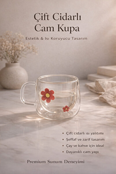 DİVAYS Double Walled Glass Mug Transparent Heat Insulated Coffee and Tea Cup ...