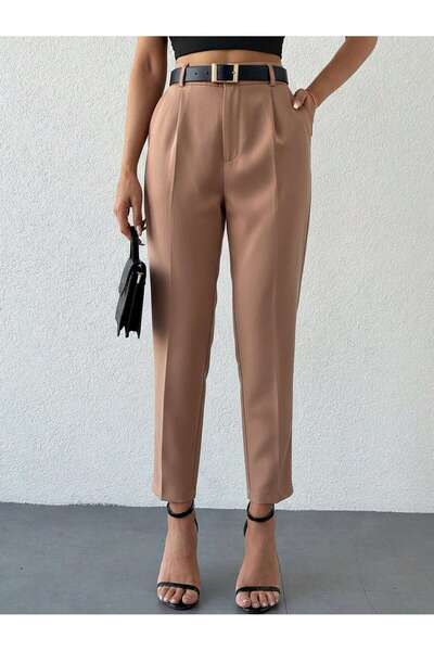 DUUE FASHİON Γυναικείο υφασμάτινο παντελόνι σε χρώμα Camel - Υψηλόμεσο με ζών...