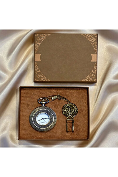 Store Yıldızlı Metal Kutulu Köstekli Cep Saati Zincirli Vintage Klasik Saat