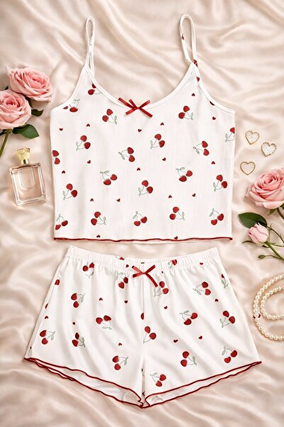 Gece Cherry Patterned Thin Strap Shorts Pajama Set - White Cotton Summer Set