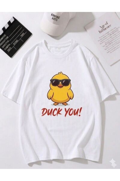 Duzor Unisex κοντομάνικο λευκό μπλουζάκι Duck You Angry Duck Oversize, Premiu...