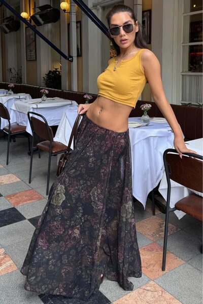 Madmext Μαύρη φούστα μάξι από σιφόν με vintage σχέδιο λουλουδιών MG2776