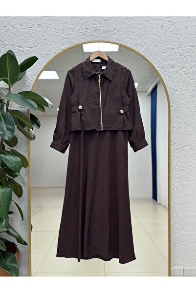 MİHRA STORE Φόρεμα διπλό με φερμουάρ και επωμίδες στο πλάι Bendu-MF1799 Καφέ