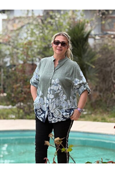 Punta Otantik Pt22045 Italian Button-Down Cotton Blouse Khaki