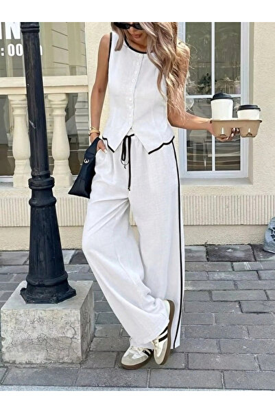 Butik Kadın Kolsuz önü Düğmeli Yelek Ve Pantolon Ikili Takım