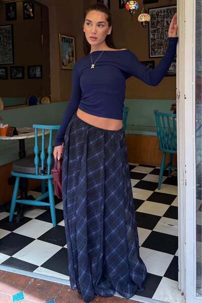 Madmext Μπλε ναυτικό καρό vintage σιφόν μάξι φούστα MG2776