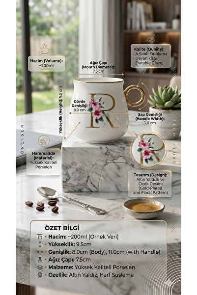 RİVO HOME DECOR Kişiye Özel Harfli Porselen Kupa 200 ml – Altın Yaldızlı Çiçe...