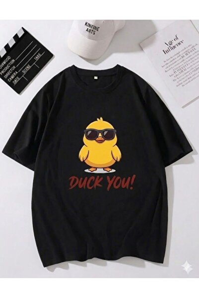 Duzor Unisex κοντομάνικο μαύρο μπλουζάκι Duck You Angry Duck Oversize, Premiu...