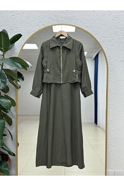 MİHRA STORE Φόρεμα διπλό με φερμουάρ και επωμίδες στο πλάι Bendu-MF1799 Χακί