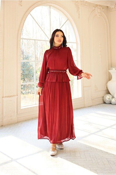 Dadali Ruffle Detailed Chiffon Midi Dress - Burgundy