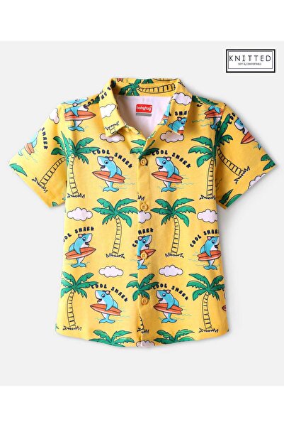 Babyhug Knit Half Sleeves Shirt with Beach Theme Print - Yellow