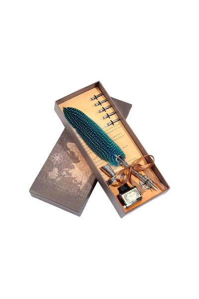 OEM Set cadou de caligrafie vintage, cu o pană de păun albastră, cerneală, un...