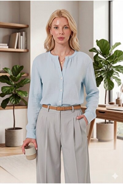 RELAXL 100% Cotton Simit Collar Baby Blue Women's Shirt 2Xs-10Xl