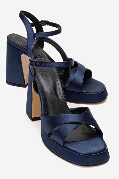 LuviShoes Γυναικεία παπούτσια με τακούνι LELLO Navy Blue Satin Platform