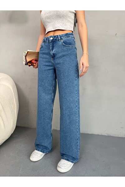 alanora Kadın Yüksek Bel Kar Yıkama Likralı Bol, Salaş Palazzo Jeans