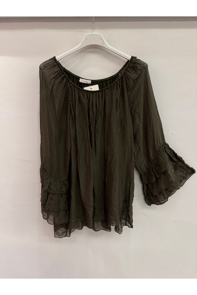 della moor Women's Dark Khaki Italian Elastic Madonna Collar Ruffled Spanish ...