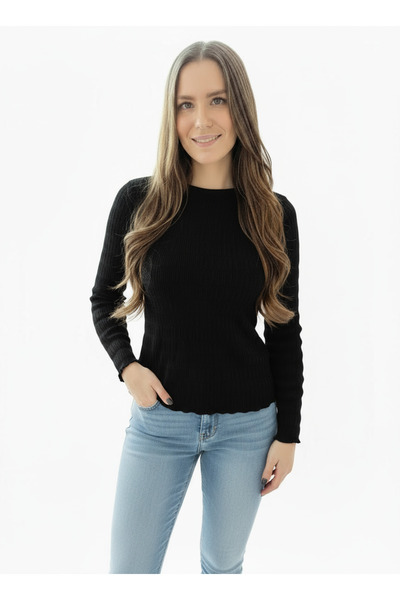 Merlot Waffle Texture Long Sleeve Black Blouse