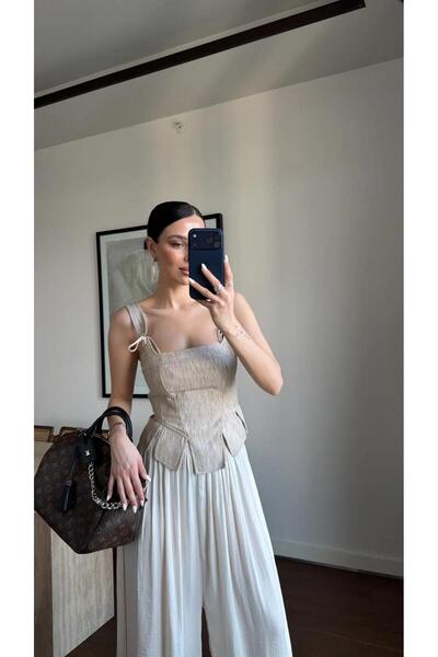 Bak'ap Bluză din in cu design corset și detalii din șnur, stil Premium Trend