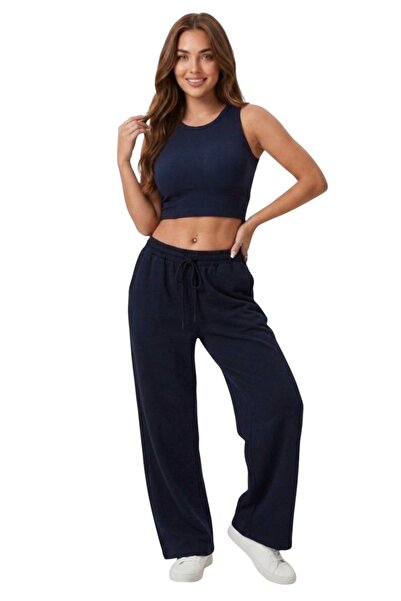 SAAT TEKSTİL Γυναικείο Φούτερ Μπλε Navy με φαρδιά μπατζάκια και άνετη εφαρμογή