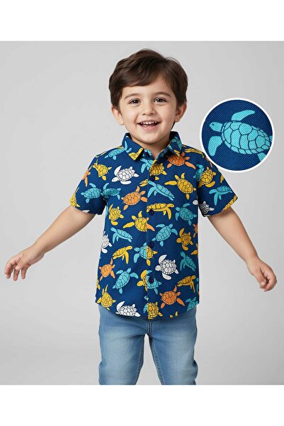 Babyhug قميص بيك تي شيرت محبوك بنسيج مزخرف بنصف أكمام وطبعة سلحفاة - أزرق كحلي