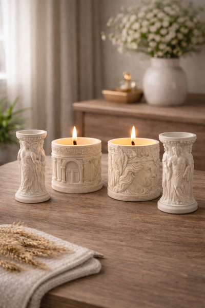 Decorative Candle Holder Set of 4 with Antique Figures – Middle Waxed Hellenistic Design Tealight Candle Holder