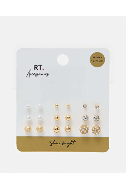 REDTAG Women Gold 9 Pairs Embellished Studs Set