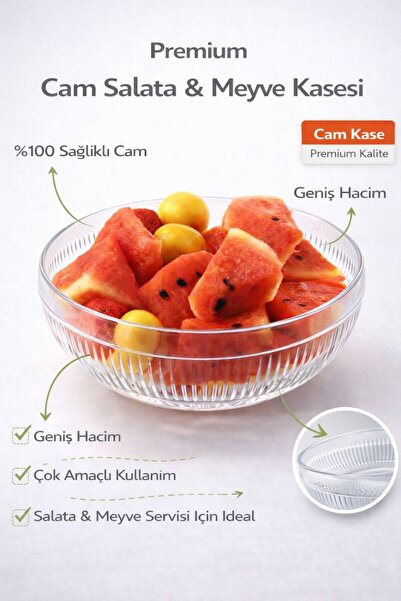 Funny Life Büyük Boy Cam Salata Kasesi - İskandinav Tarz Kase - Şeffaf Meyve ...