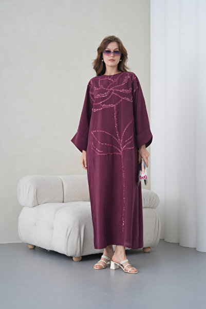 Miss Allos Γυναικείο Μακρύ Λινό Φόρεμα με Παγιέτες Κεντημένο Φαρδύ Μορφή