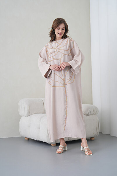 Miss Allos Γυναικείο Μακρύ Λινό Φόρεμα με Παγιέτες Κεντημένο Φαρδύ Μορφή