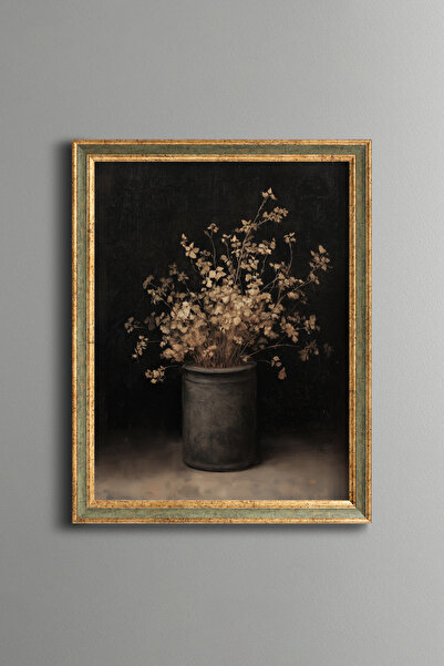 epiqart Dried Flowers and Black Vase - Vintage Patterned Frame - Slim Model