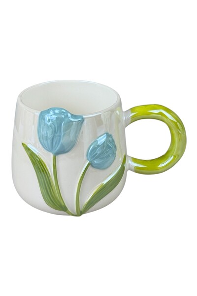 OEM Κεραμική κούπα  "3D Tulip " λευκή, με μπλε τουλίπες και πράσινη λαβή, 430 ml