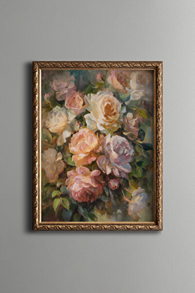 epiqart Pastel Gül Kompozisyonu – Vintage Desenli Çerçeve – İnce Model