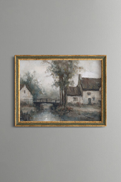 epiqart Village House and Bridge Scenery - Vintage Patterned Frame - Fine Model