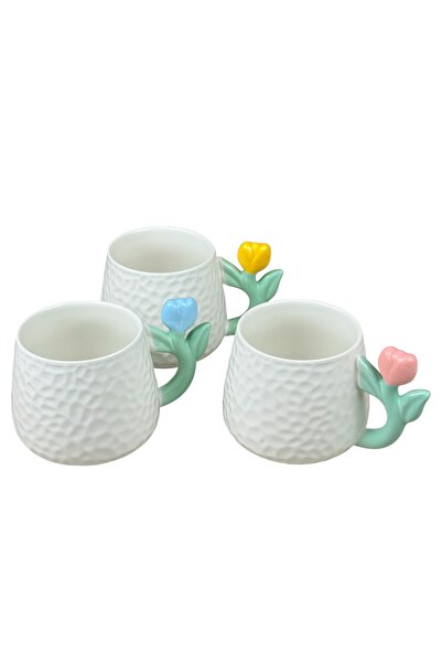 OEM Σετ 3 λευκών κεραμικών κούπες με πολύχρωμη λαβή σε σχήμα τουλίπας, 380 ml