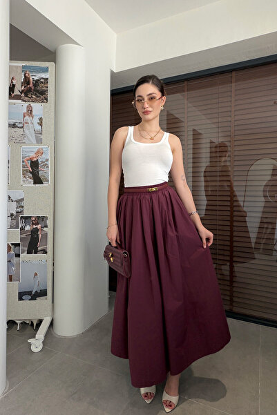 MAGARDE Ποπλίνα Φούστα με λάστιχο στη μέση και λεπτομέρεια τσέπης - ΒΟΡΝΤΟ