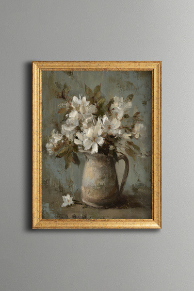 epiqart Beyaz Çiçek Kompozisyonu – Vintage Desenli Çerçeve – İnce Model