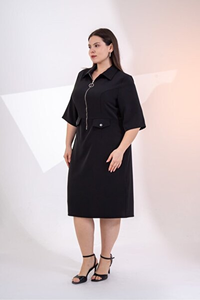 Roxxlen Γυναικείο φόρεμα μεγάλου μεγέθους με λεπτομέρεια φερμουάρ, μαύρο