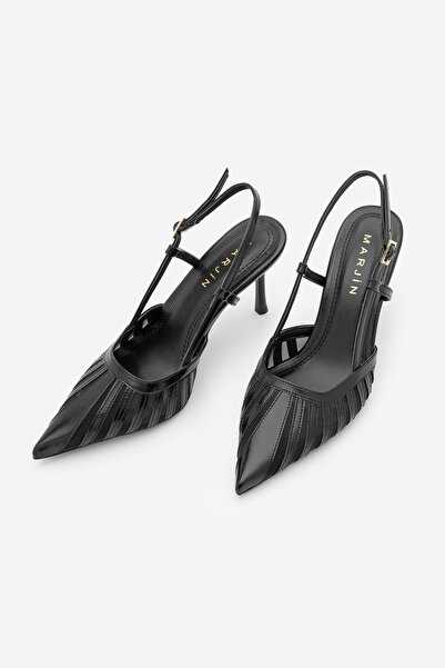 Marjin Women's Stiletto Pointed Toe Back Strap Ribbon Detailed Mesh Classic H...