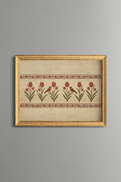 epiqart Lale ve Kuş Motifi - Vintage Desenli Çerçeve - İnce Model