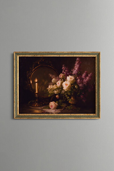 epiqart Mum Işığında Gül ve Leylak Natürmortu - Vintage Desenli Çerçeve - İnc...