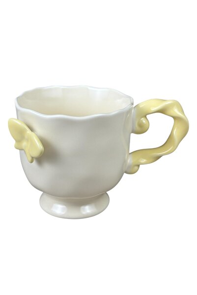 OEM Κεραμική κούπα  "πεταλούδα " κρεμ κίτρινο, 430 ml
