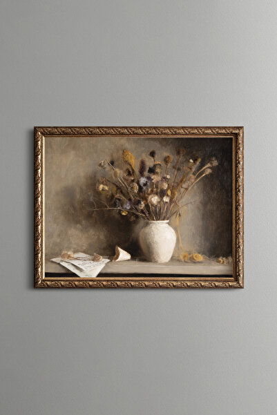 epiqart Vintage Vazo ve Kurumuş Çiçekler - Vintage Desenli Çerçeve - İnce Model
