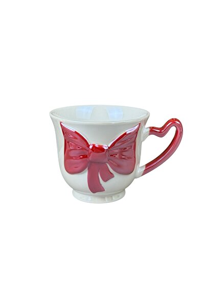 OEM Κεραμική κούπα "3D Φιόγκος", λευκή με κόκκινο φιόγκο, 480 ml