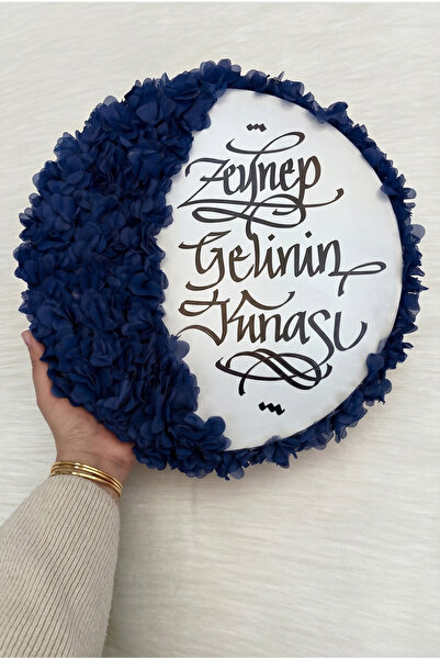 ZEYMERADE Lacivert Gelin Tefi 32cm, Kaligrafi Ve 3d Çiçek Süslemeli, Düğün Sü...