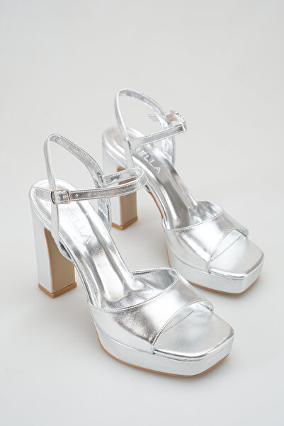 Rella Silver Platform Heeled Women's Sandals with Ankle Strap and Thick Heel,...