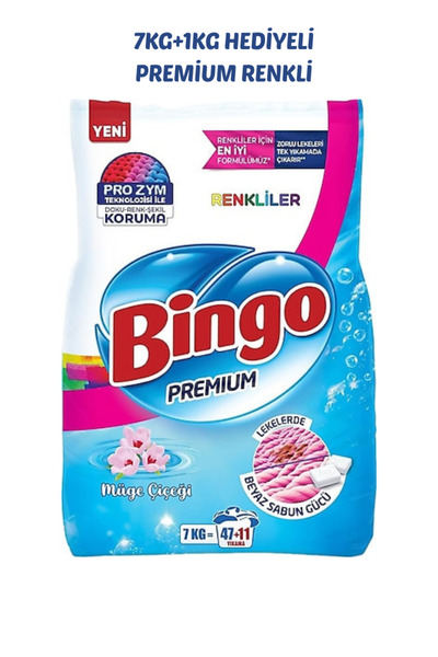 Bingo Premium Toz Çamaşır Deterjanı Renkliler 7 Kg + 1 Kg Bedava