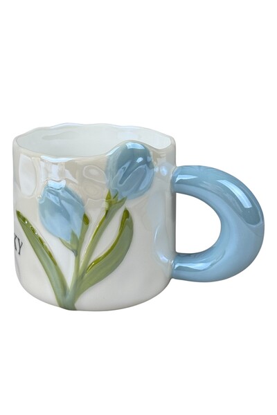 OEM  "Τυχερή Τουλίπα " λευκή κεραμική κούπα με μπλε τουλίπες και μπλε λαβή, 3...
