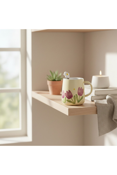 Trim Cană Ceramică Crem cu Lalele Mov și Linguriță Decorativă 390 ml