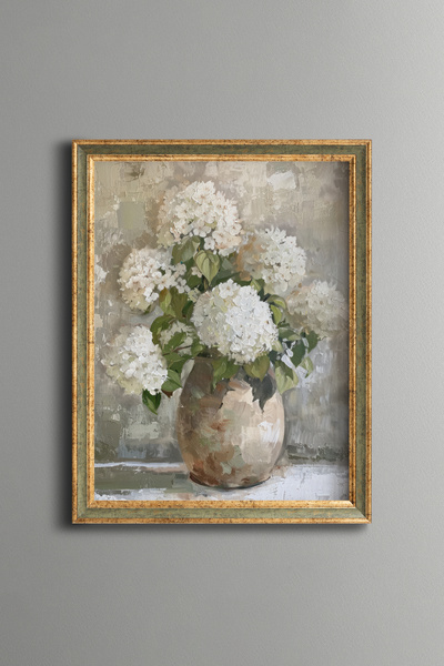 epiqart Beyaz Ortanca Çiçekler – Vintage Desenli Çerçeve – İnce Model
